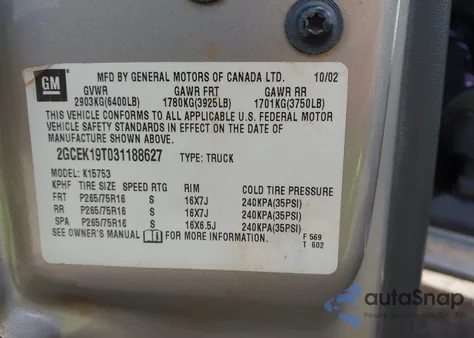 2003 Chevrolet Silverado 1500 Ls z USA, uszkodzony, nr VIN 2GCEK19T031188627